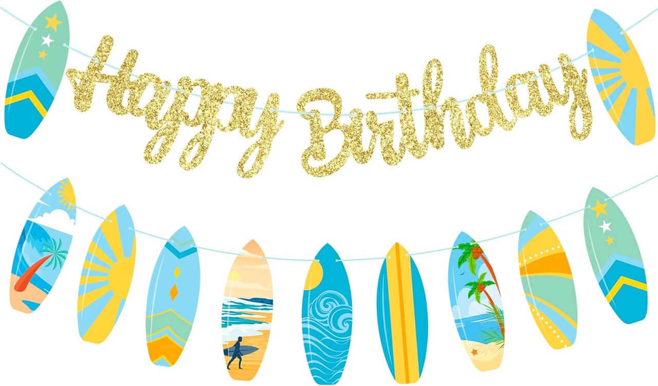 Surfboard Birthday Banner Gold Glitter Summer Beach Surf Party Decorations Summer Surfing Birthday Banners for Tropical Hawaiian Beach Decoration Swimming Pool Hawaii Party Supplies